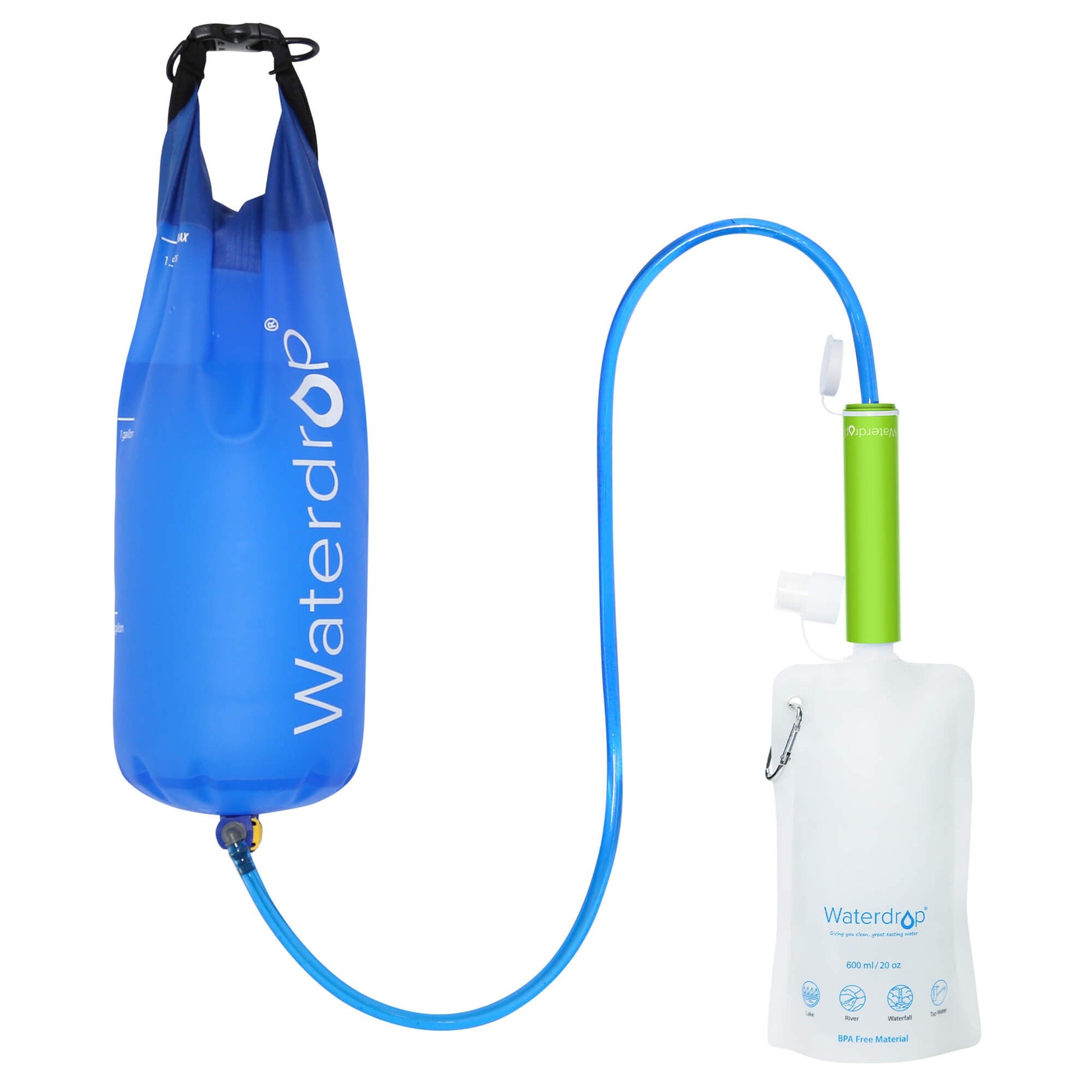 Tragbarer Wasserfilter-Strohhalm von Waterdrop mit zusammenklappbarer Wasserflasche und Schwerkraft-Wassertasche